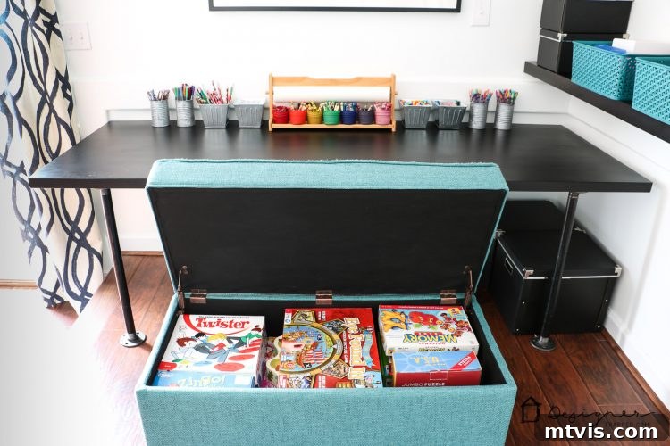 Modern playroom design with a DIY industrial pipe desk complemented by a practical storage bench.