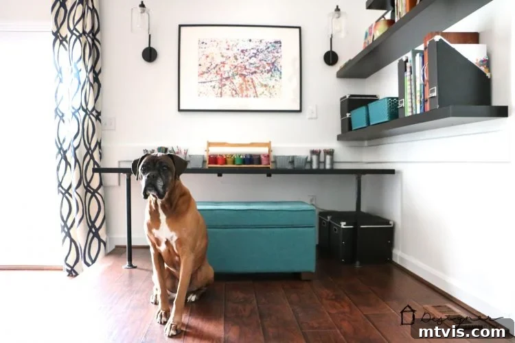 Family dog, Titan, playfully photo-bombing a picture of the newly finished DIY industrial pipe desk.