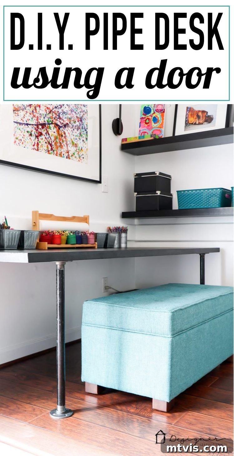 DIY industrial pipe desk for a child's playroom or art space, featuring a hollow core door top.