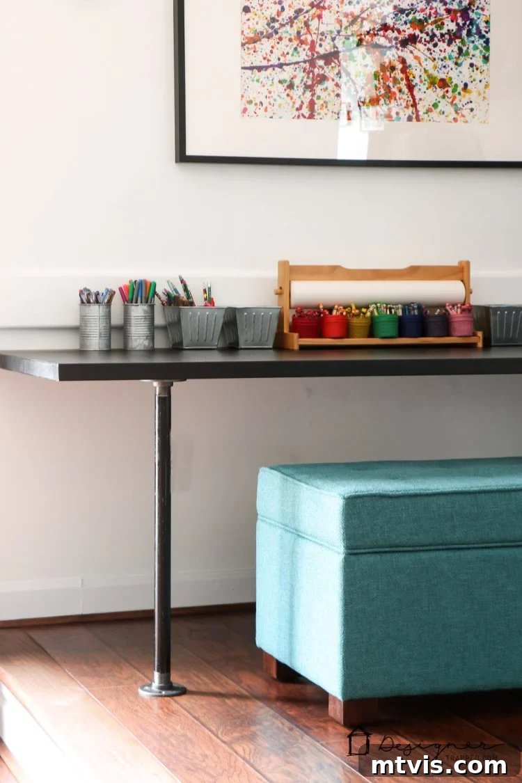 Bottom view of the DIY pipe desk, showcasing the pipe legs and the securely attached floor flanges.