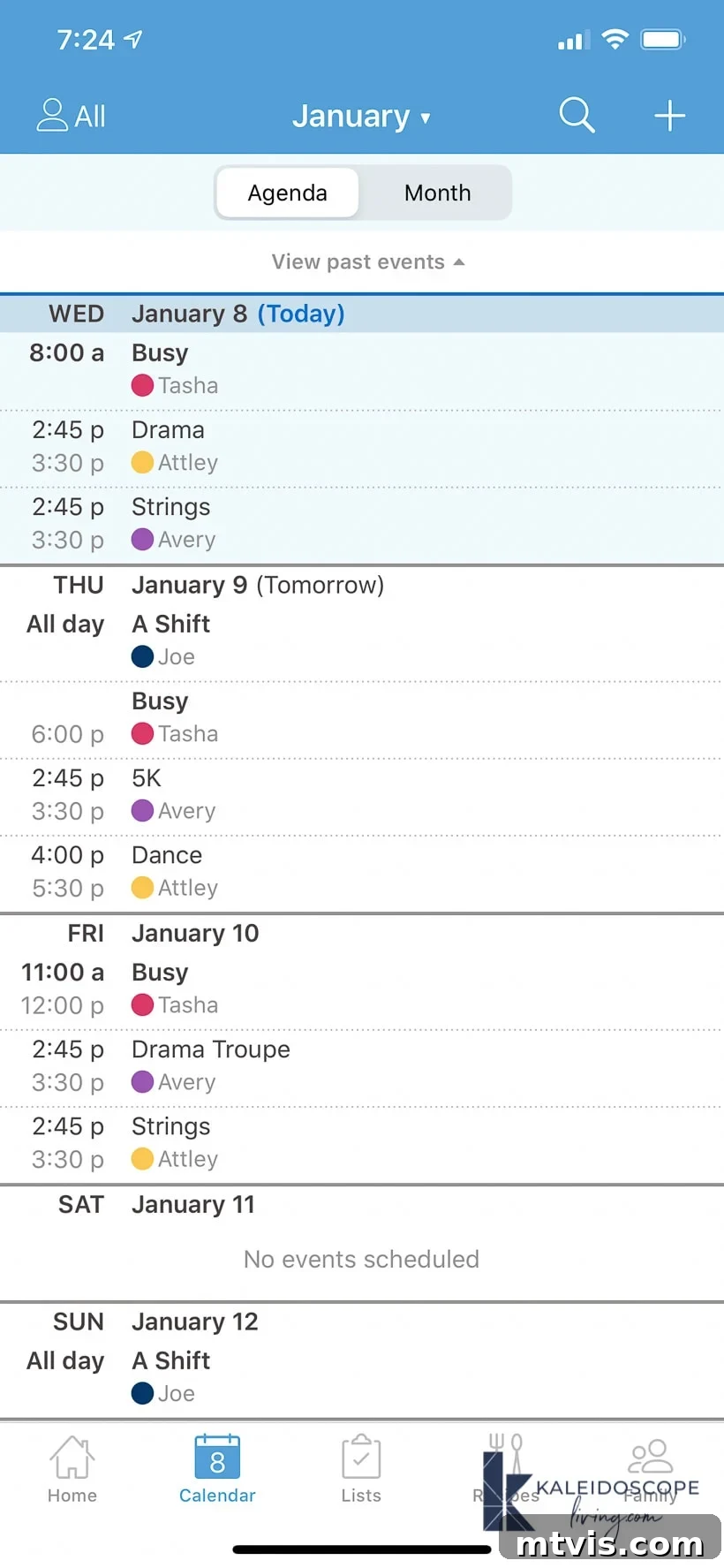 A screenshot of the Cozi calendar app being used to keep a family's schedule organized by day and color. 