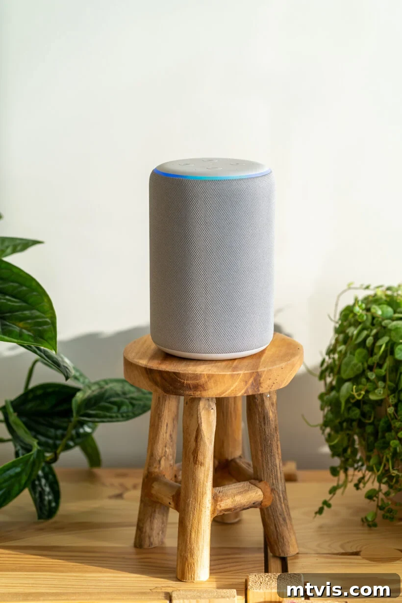A tall Amazon Alexa Echo Smart home device on a miniature wooden stool surrounded by plants. 