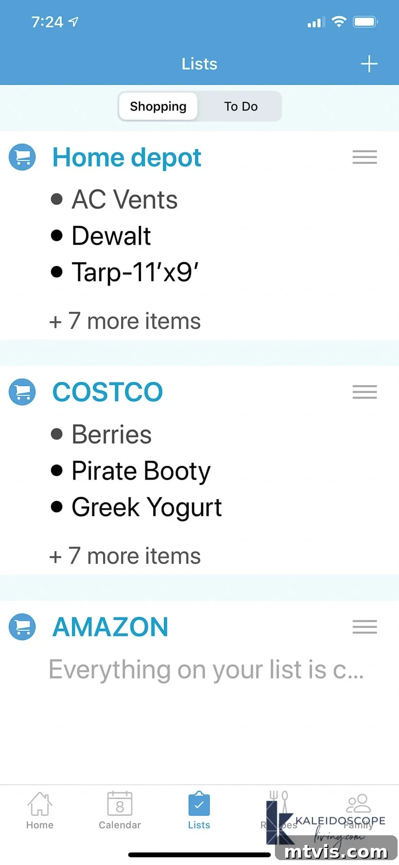 An example of the shopping list screen available from the Cozi app. 