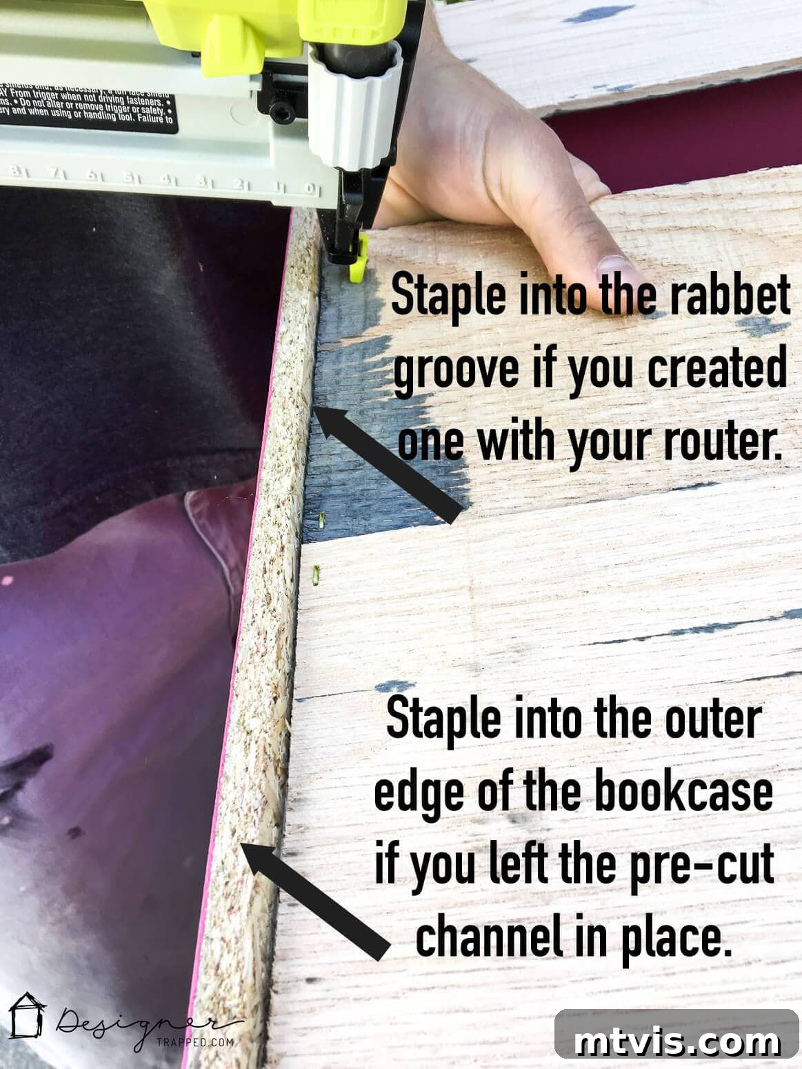 Billy Bookcase Brilliance: IKEA Hacks for Ultimate Storage 8 A close-up view of a person using a staple gun to assemble the Billy bookcase hack. Instructional text highlights stapling into the rabbet groove or the outer edge of the bookcase.
