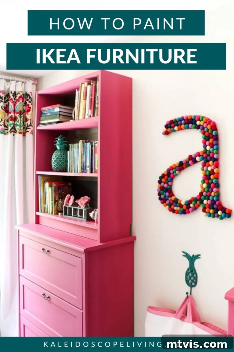 Vibrantly pink painted IKEA furniture, showcasing a successful DIY transformation. Text overlay: "How to Paint IKEA Furniture – The Ultimate Guide"
