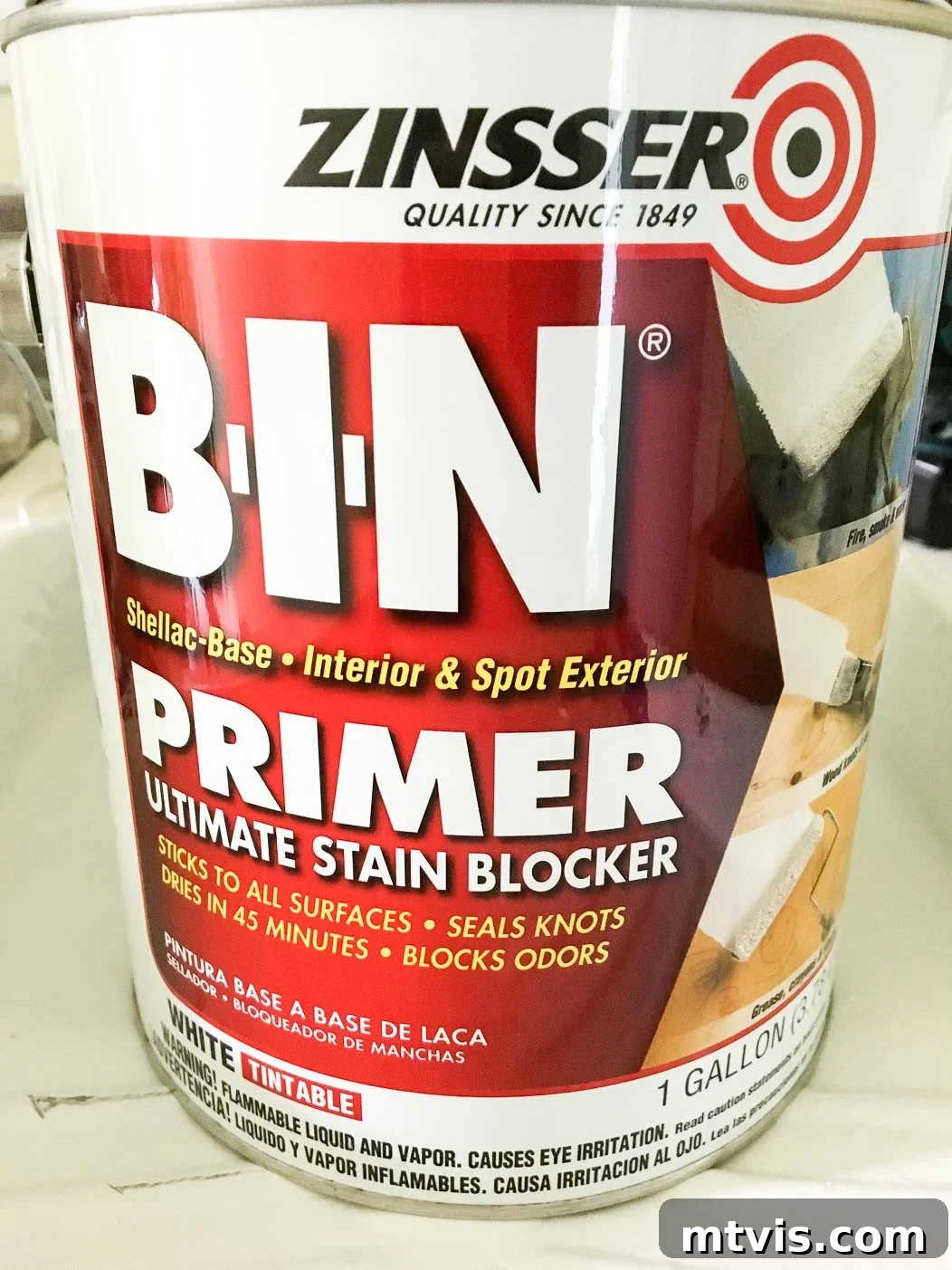 Close-up of a can of Zinsser B.I.N. shellac-based primer, essential for painting IKEA furniture