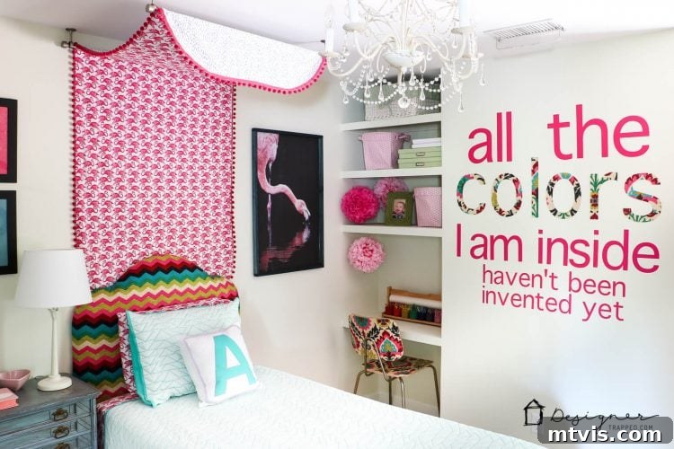 Finished large-scale custom wall decal quote featuring both vinyl and fabric letters, beautifully displayed in a child's room.