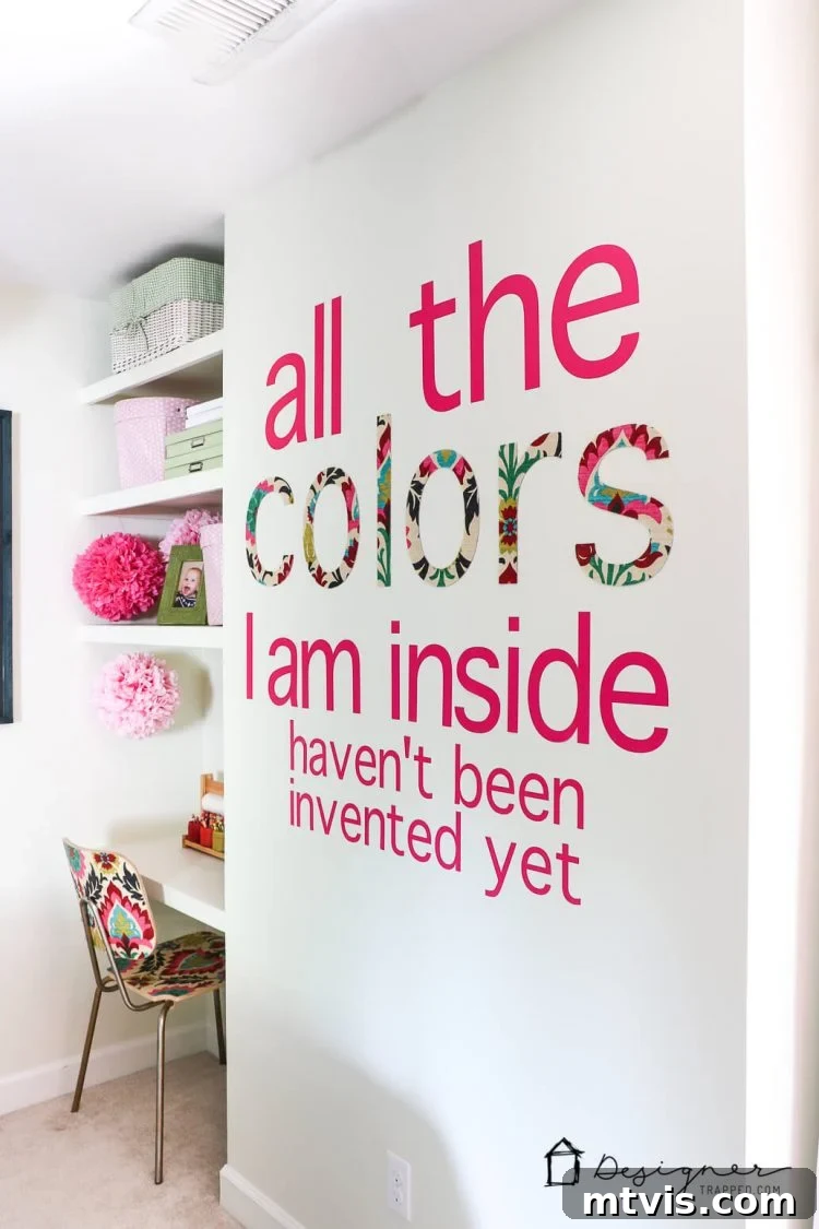 Another perspective of the personalized DIY wall decal and quote, highlighting its seamless integration into the room's decor.