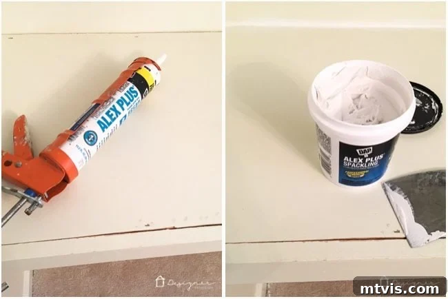 Reattaching a floating shelf and smoothing joints with DAP Alex Plus Spackling for a clean, professional finish on a DIY desk project.