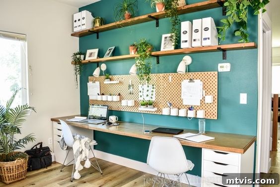 Smart IKEA Desk Upgrades on a Budget 12 This inviting homeschool area features an extended wooden tabletop, supported by IKEA drawers. Two chairs are neatly positioned, facing a vibrant green wall adorned with a practical pegboard and shelves filled with books and plants. The extra length of the desk is thanks to a clever IKEA desk hack, perfect for a productive learning environment.