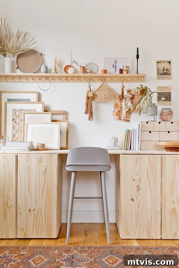 Smart IKEA Desk Upgrades on a Budget 17 Neutral tones create a serene atmosphere for this standing IKEA desk hack. A practical shelf with hooks hangs above a long desktop, adorned with framed pictures, books, and small drawers. A tall stool is positioned between cabinets beneath the desk, completing this functional and stylish setup.