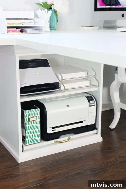 Smart IKEA Desk Upgrades on a Budget 4 An IKEA desk hack cleverly incorporates a Stuva printer cabinet under the corner of a white desk, providing ample, organized storage for a tidy workspace.