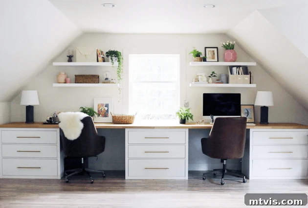 Smart IKEA Desk Upgrades on a Budget 5 This impressive IKEA desk hack features open shelving and chic leather desk chairs positioned under an angled attic roof. A lengthy countertop, supported by IKEA drawers, creates two distinct workstations for an expansive, shared office.