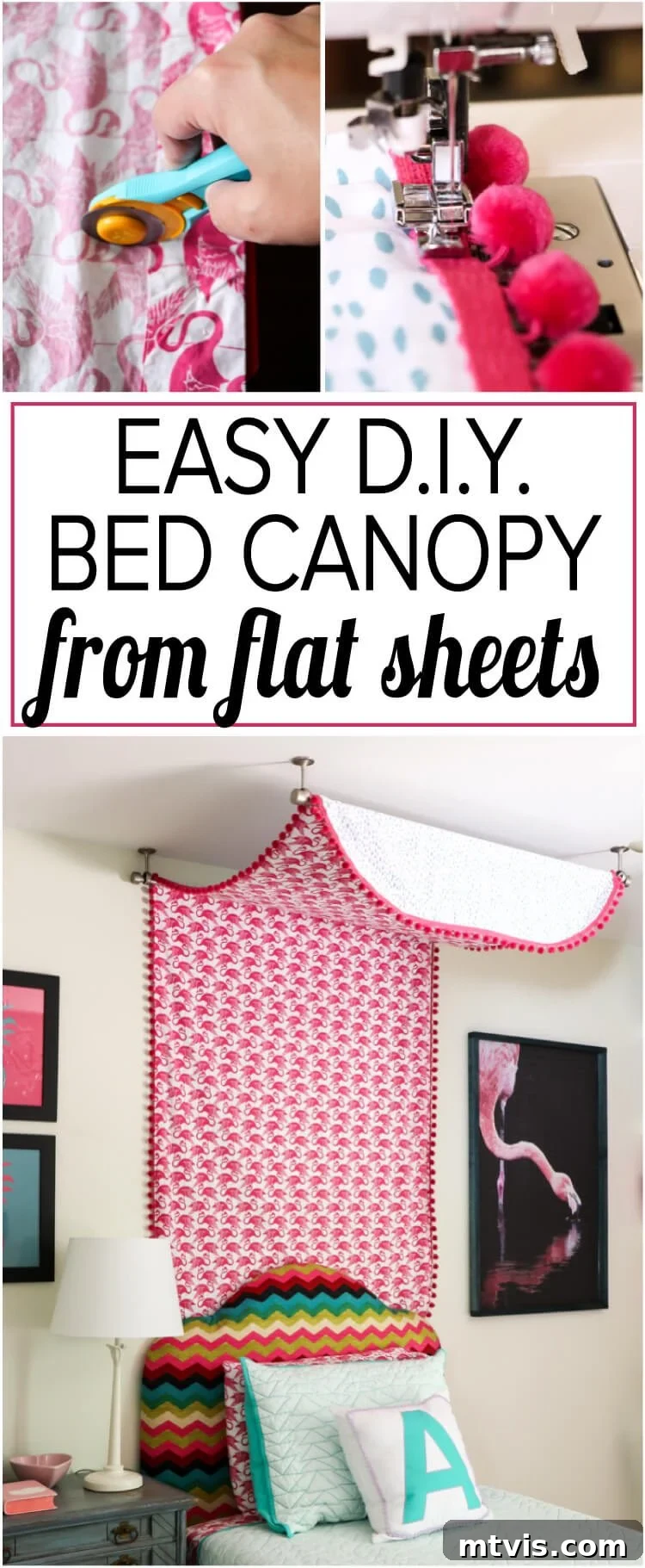 Transform Your Bed with a Flat Sheet Canopy 2 Attley's delightful DIY bed canopy, featuring whimsical flamingos and pom-pom trim, created from simple flat sheets.