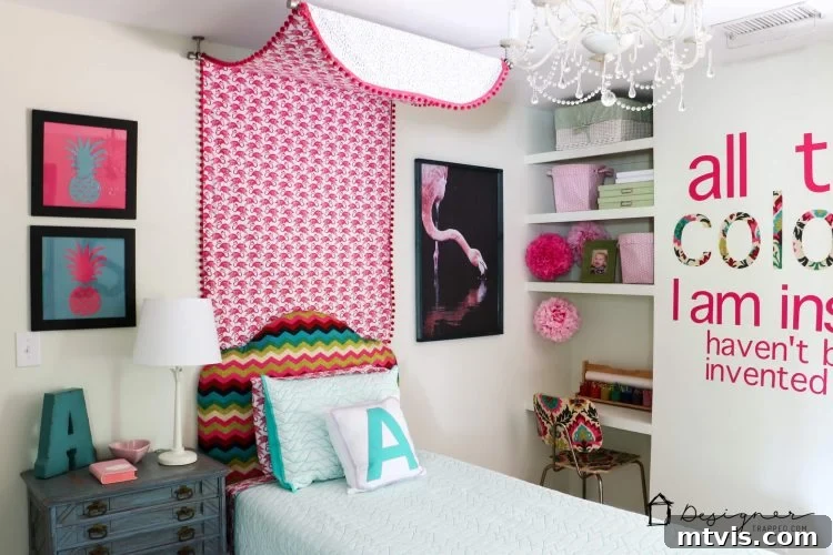Transform Your Bed with a Flat Sheet Canopy 10 Close-up of the charming flamingo fabric and pom-pom trim on the homemade bed canopy, showcasing unique details.
