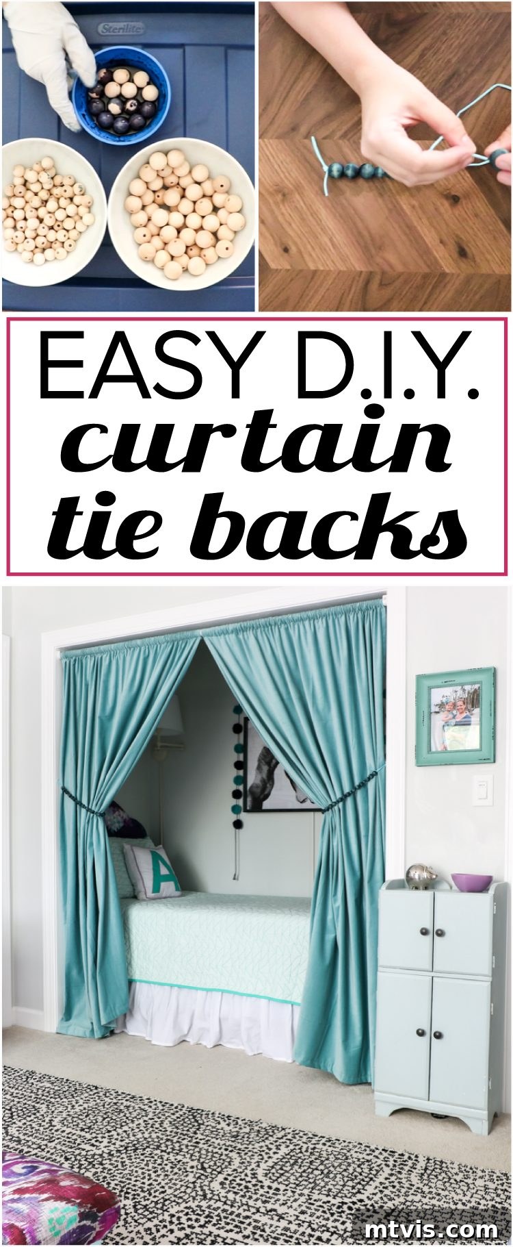 Effortless Handmade Curtain Ties 2 Adorable DIY wood bead curtain tie backs adding charm to a bedroom. Learn how to craft these unique curtain accessories with this easy tutorial.