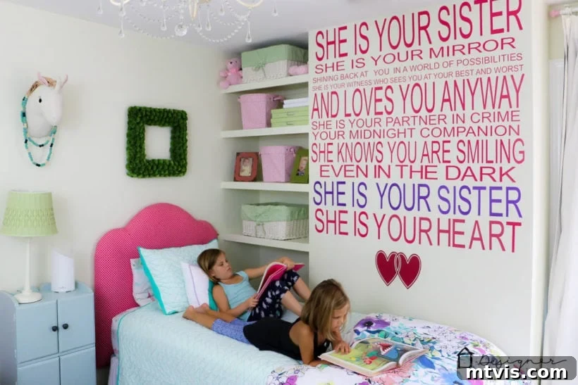 Silhouette or Cricut The Honest Truth 4 little girls laying on bed in colorful room with wall decal