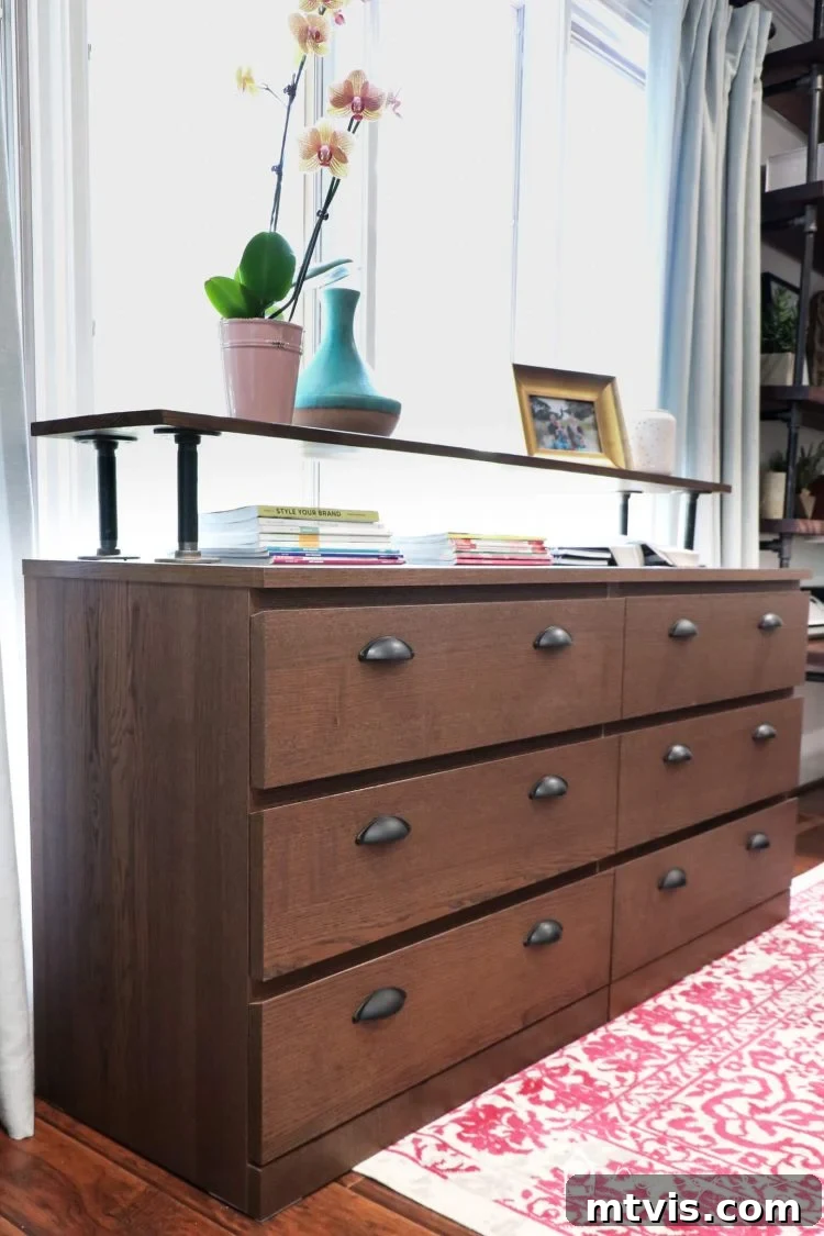 Effortless Malm Upgrade 12 WOW! I can't believe this is an Ikea Malm dresser! What a great Ikea Malm hack. Love the industrial dresser that it turned into. Looks very high-end on a very small budget!