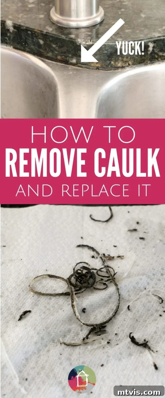 Transform your kitchen or bathroom by learning how to remove and replace old, moldy caulk with this easy step-by-step tutorial. Before photo of dirty caulk.