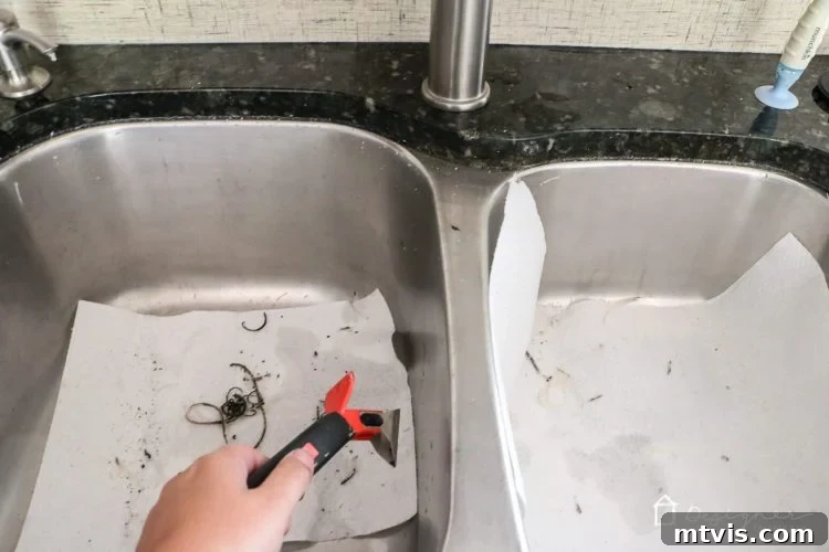 Close-up showing the caulk removal tool in action, effectively peeling off a strip of old caulk from the sink joint. Using caulk remover tool.
