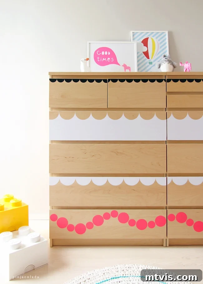 Beyond Basic: 15 Stunning DIY Dresser Redesigns 4 Modernize a dresser with a vinyl shape update using these DIY ideas.