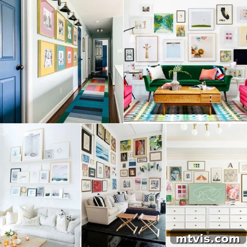 Transform Your Space: 27 Gallery Wall Ideas and Practical Hacks 2 A vibrant collage of diverse gallery wall arrangements, featuring symmetrical and asymmetrical designs across different rooms, showcasing inspiring ideas for home decor enthusiasts.