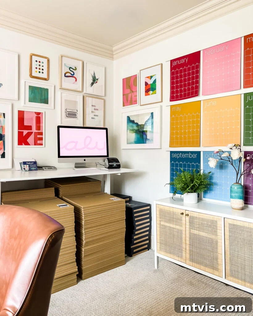 Transform Your Space: 27 Gallery Wall Ideas and Practical Hacks 14 A vibrant and eclectic corner gallery wall in a home office, showcasing a blend of colorful art and objects that seamlessly integrate with a rainbow wall calendar, creating a dynamic and inspiring space.