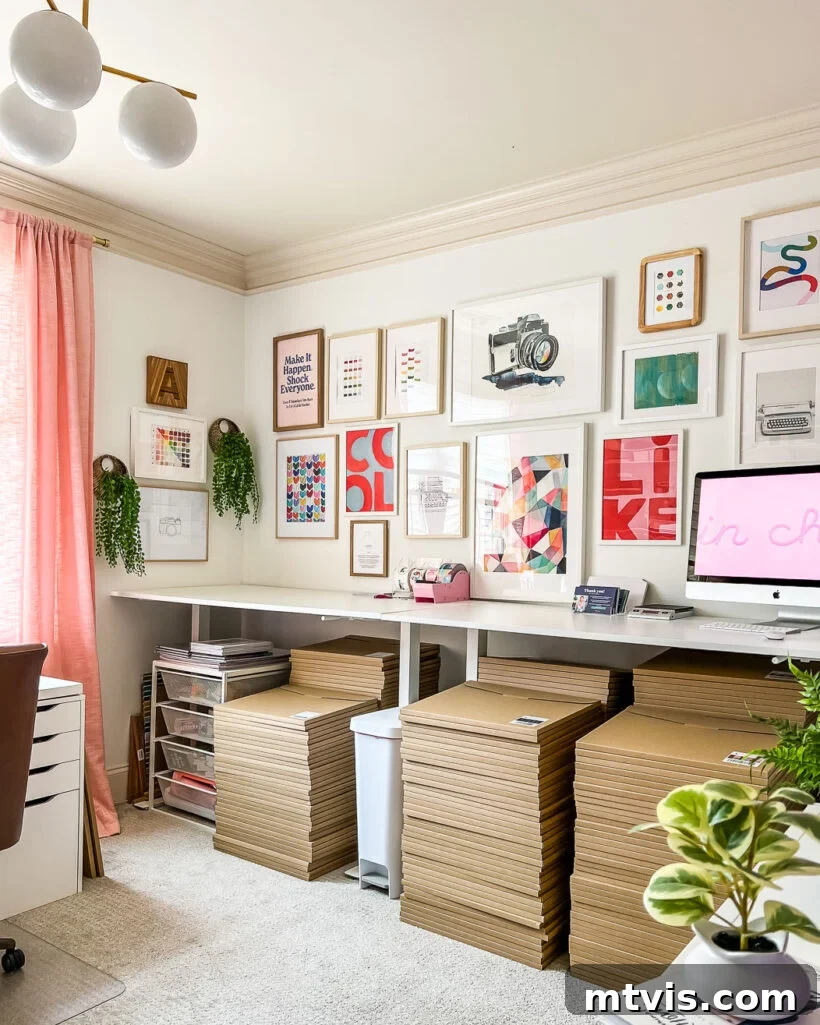 Transform Your Space: 27 Gallery Wall Ideas and Practical Hacks 6 A colorful and dynamic gallery wall in a home office, showcasing a variety of art pieces that harmonize through repeated colors and hues, creating a cohesive visual experience.