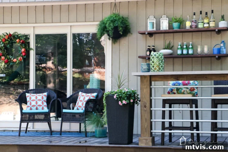 A close-up of the DIY bar area, showing the thoughtful design and comfortable bar stools, ready for use during a sunny afternoon or evening gathering.