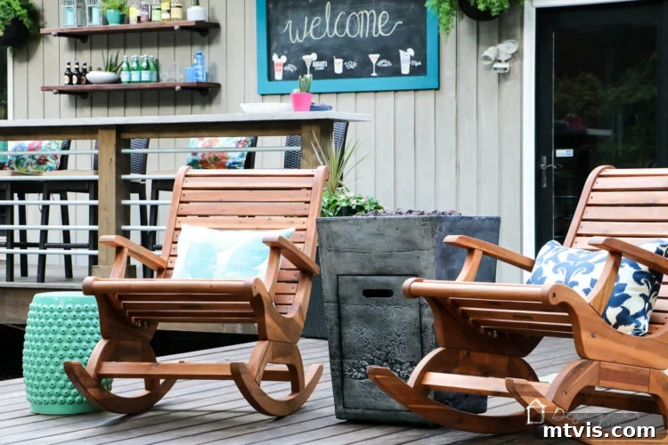 A cozy corner of the DIY deck, featuring comfortable outdoor seating and ambient lighting, perfect for evening gatherings.