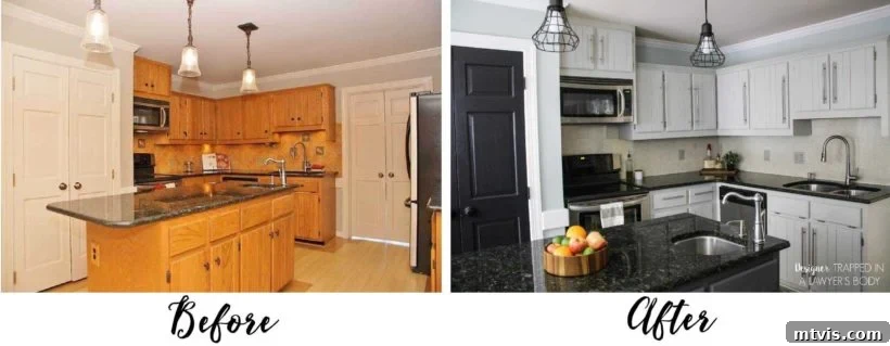 My Backsplash Solution Painting Tile 11 Before and after comparison of a kitchen updated with painted backsplash and other budget-friendly DIYs