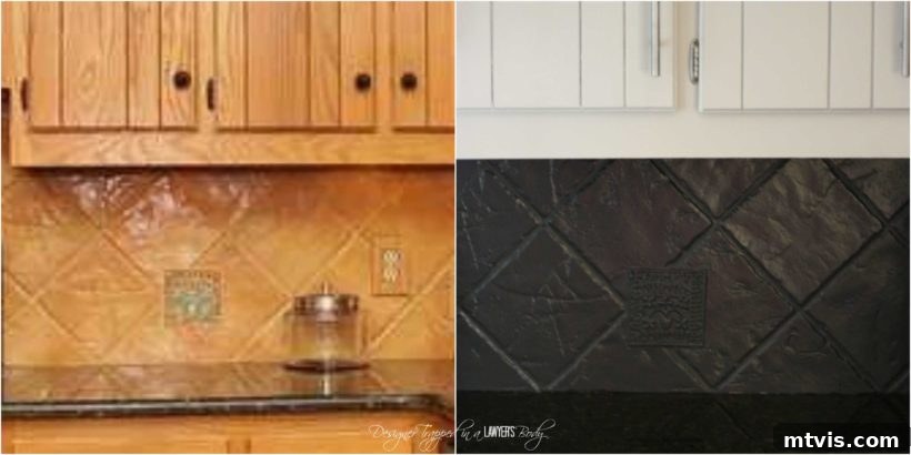 My Backsplash Solution Painting Tile 9 Before and after comparison of the painted tile backsplash in a kitchen