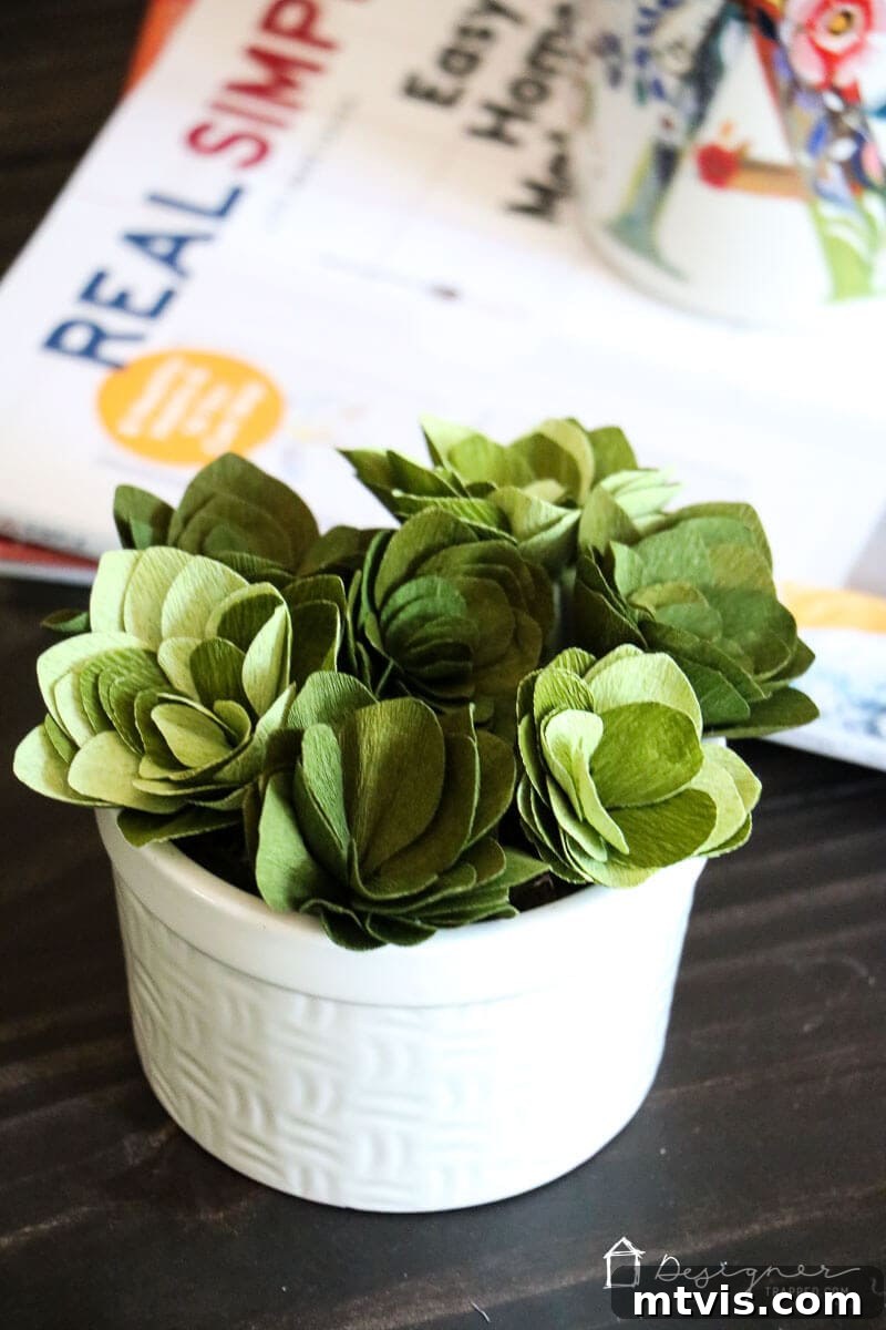 The Cricut Edge Perfecting Crepe Paper Succulents 12 A curated display of crepe paper succulents in a ceramic dish, enhancing home decor.