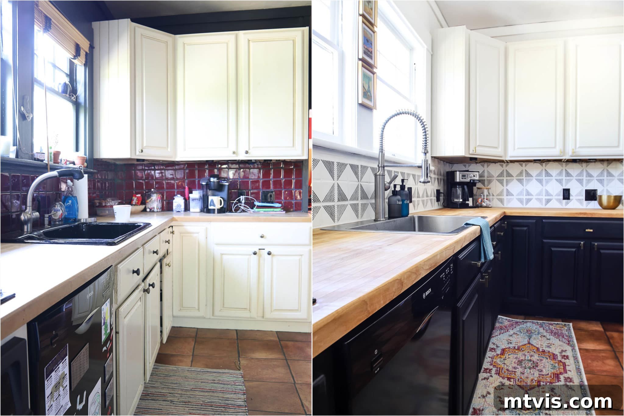 Unlock Your Kitchen's Potential The Ultimate Cabinet Paint Guide 3 Before and After photos of a kitchen, showing an updated kitchen using the best paint for cabinets.