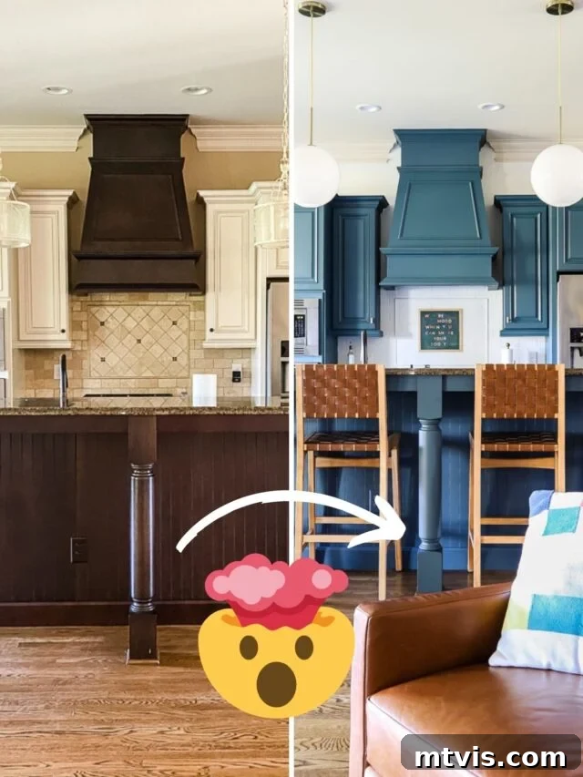 Unlock Your Kitchen's Potential The Ultimate Cabinet Paint Guide 4 Two side-by-side pictures of the before and after of a budget-friendly kitchen repainting. The kitchen went from brown tones to blue and white using the best paint for kitchen cabinets. There is a 'mind blown' emoji in the center.