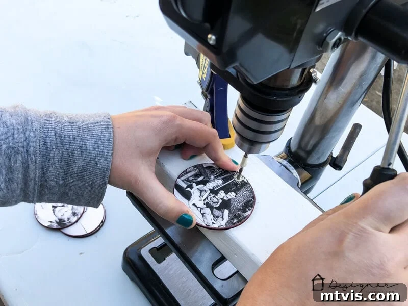 Transform Your Cherished Photos Into Handmade Christmas Ornaments 7 Drilling holes through DIY photo Christmas ornaments for hanging