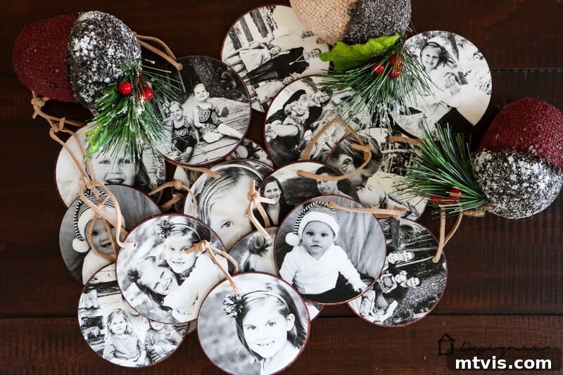 Transform Your Cherished Photos Into Handmade Christmas Ornaments 9 Finished DIY Photo Christmas Ornaments hanging on a festive tree