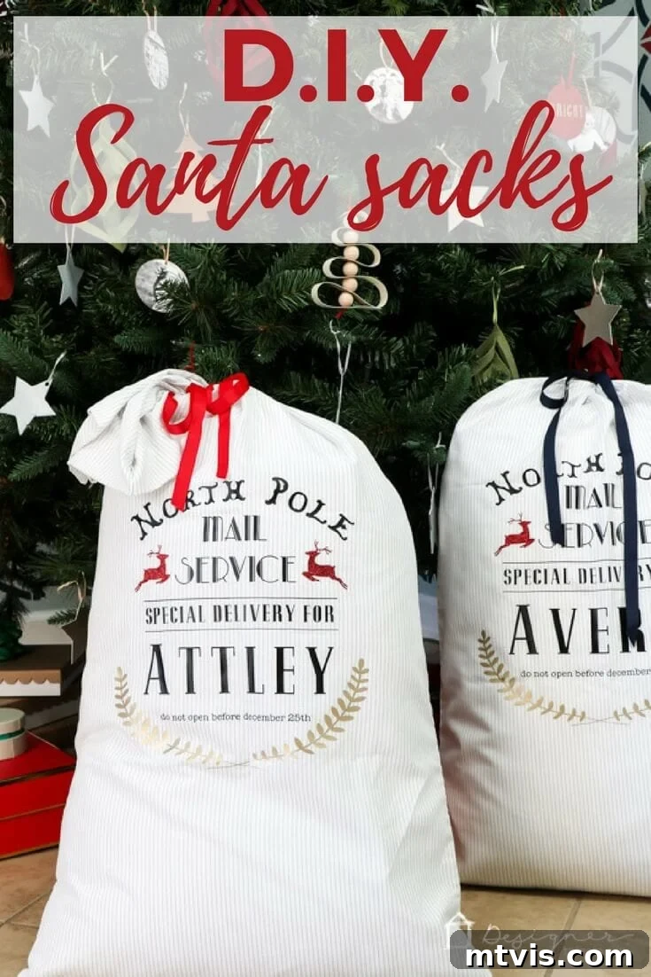 Handcrafted Santa Sacks for Magical Christmas Mornings 2 Personalized DIY Santa sacks with kid's names in front of a Christmas tree, ready for holiday gifts