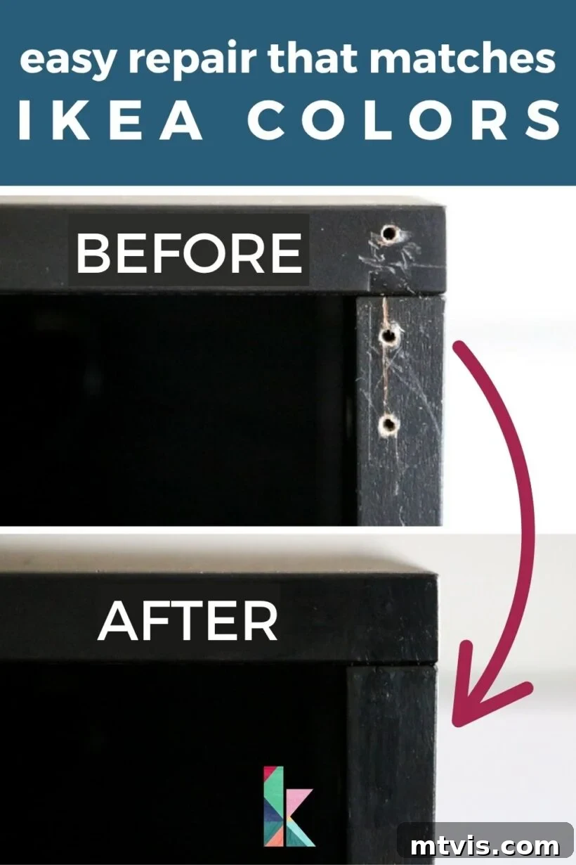 Seamlessly Repair Furniture to Match IKEA Hues 2 photo collage of two images showing before and after photos of screw holes repairs in IKEA furniture with perfect color matching. Text overlay reads