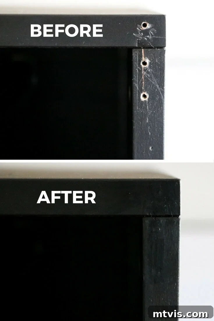Seamlessly Repair Furniture to Match IKEA Hues 9 A before and after photo of easy furniture repair using 3-in-1 Mohawk sticks. The word "Before" is written on the top photo of a piece of furniture with nail hole damage. The bottom photo, labelled "After", shows the furniture repair was a success.