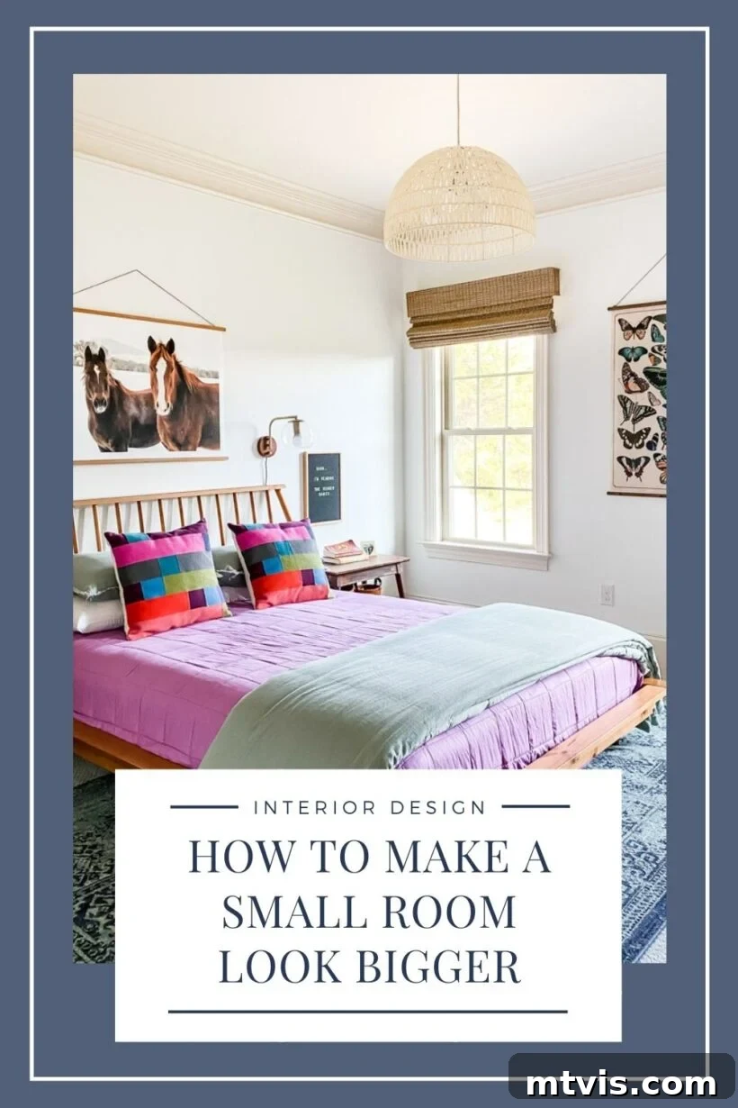 Space-Saving Secrets: 9 Genius Hacks for Bigger-Looking Rooms 2 A graphic with a large picture of a colorful girl's bedroom, with a text box that reads,