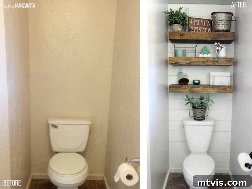 Space-Saving Secrets: 9 Genius Hacks for Bigger-Looking Rooms 13 A side by side picture of before and after toilet updates. The simple white small toilet area on the left has been dressed up with white tile and wooden shelves holding candles and plants above the toilet in the after picture. The accent wall here adds depth and visual appeal to a compact bathroom.