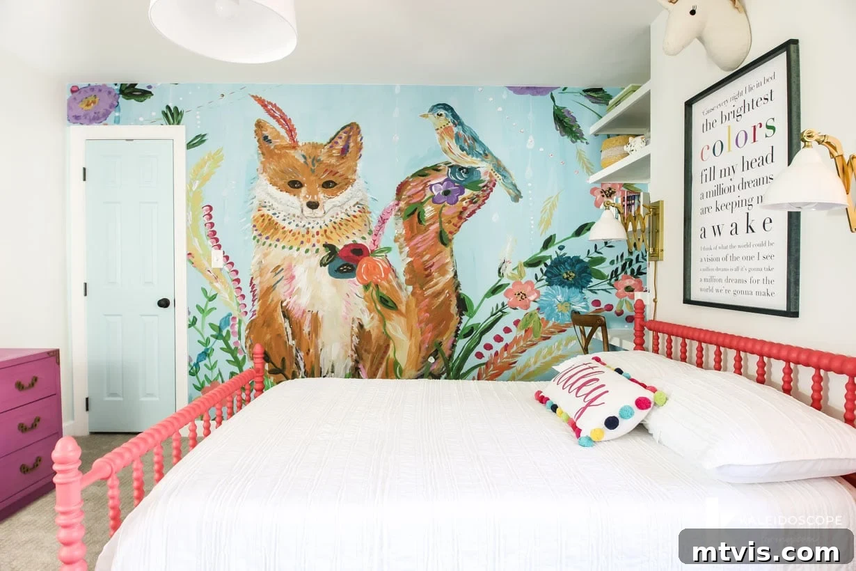 Space-Saving Secrets: 9 Genius Hacks for Bigger-Looking Rooms 17 A tween girl's bedroom has a pink bedframe and a large mural of a fox and birds. The expansive mural creates a sense of wonder and makes the small bedroom feel significantly larger and more imaginative.