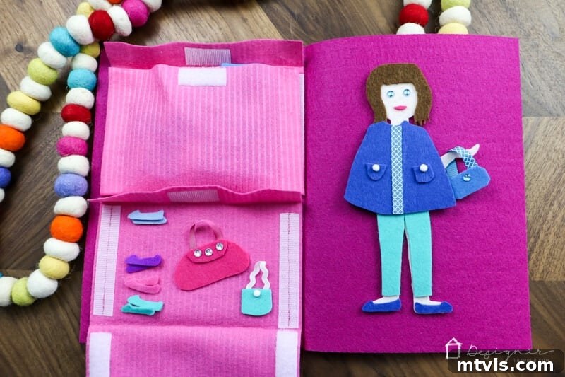 Felt Doll Craft Kit 12 Close-up of felt doll kit pockets holding clothes and accessories.