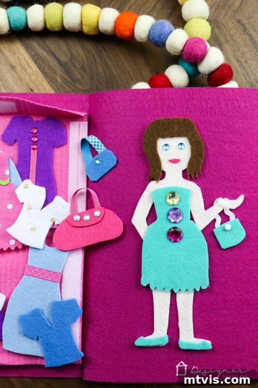 Felt Doll Craft Kit 14 Felt doll in a lovely dress, showcasing custom clothing.