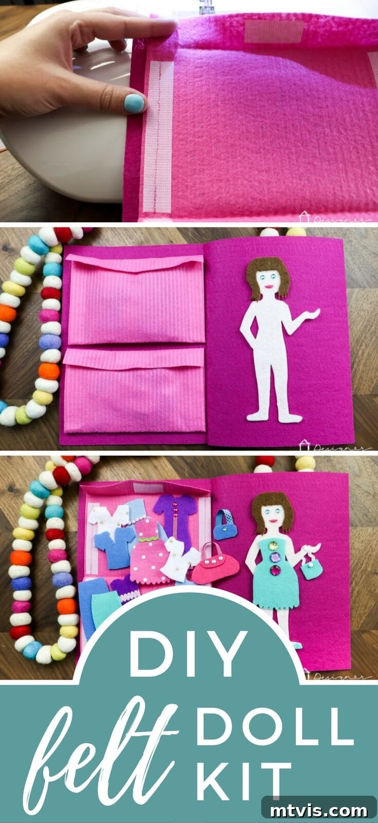 Felt Doll Craft Kit 21 Detailed view of felt doll and interchangeable outfits.