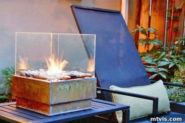 From Cozy Corners to Grand Gatherings: Fire Pit Ideas for All Spaces 11 A chic glass and metal DIY tabletop fire pit positioned next to a comfortable blue lounge chair, exemplifying innovative smaller fire pit ideas perfect for intimate outdoor spaces.