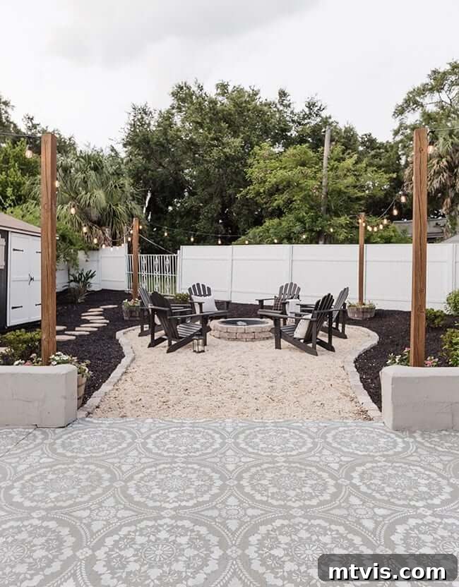 From Cozy Corners to Grand Gatherings: Fire Pit Ideas for All Spaces 12 A beautifully designed fire pit adjacent to a patio, featuring a neat border of retaining wall blocks, classic black chairs, and ambient string lights supported by poles, creating a perfect evening retreat.