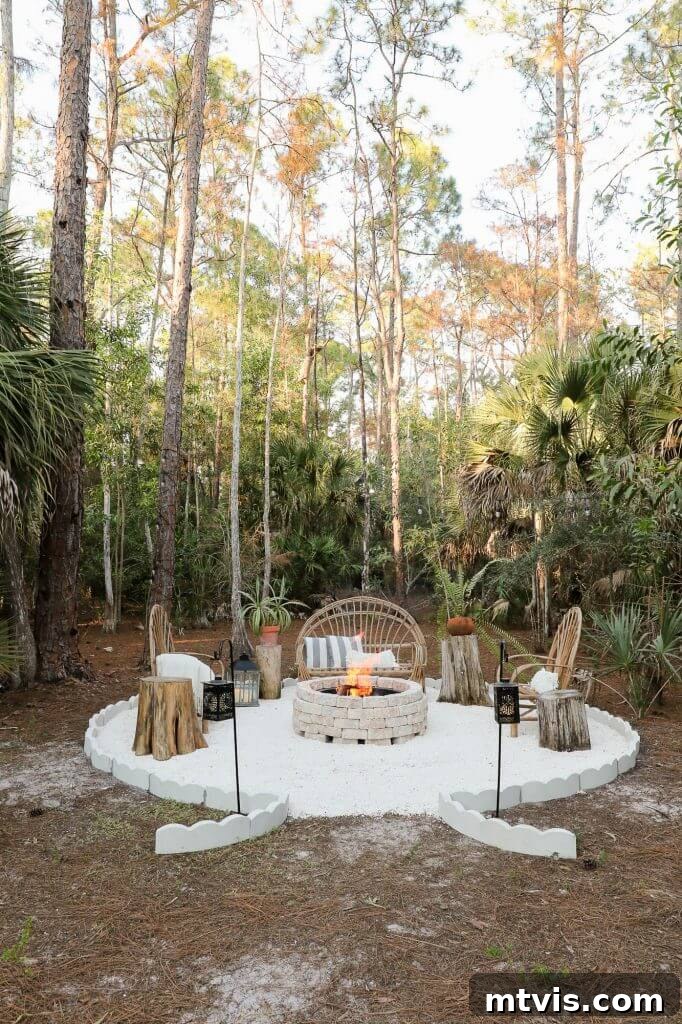 From Cozy Corners to Grand Gatherings: Fire Pit Ideas for All Spaces 15 A serene white gravel fire pit nestled in southern woods, featuring a modern smokeless fire pit, flanked by twin black lanterns, and inviting wicker seating, creating a perfect rustic retreat.