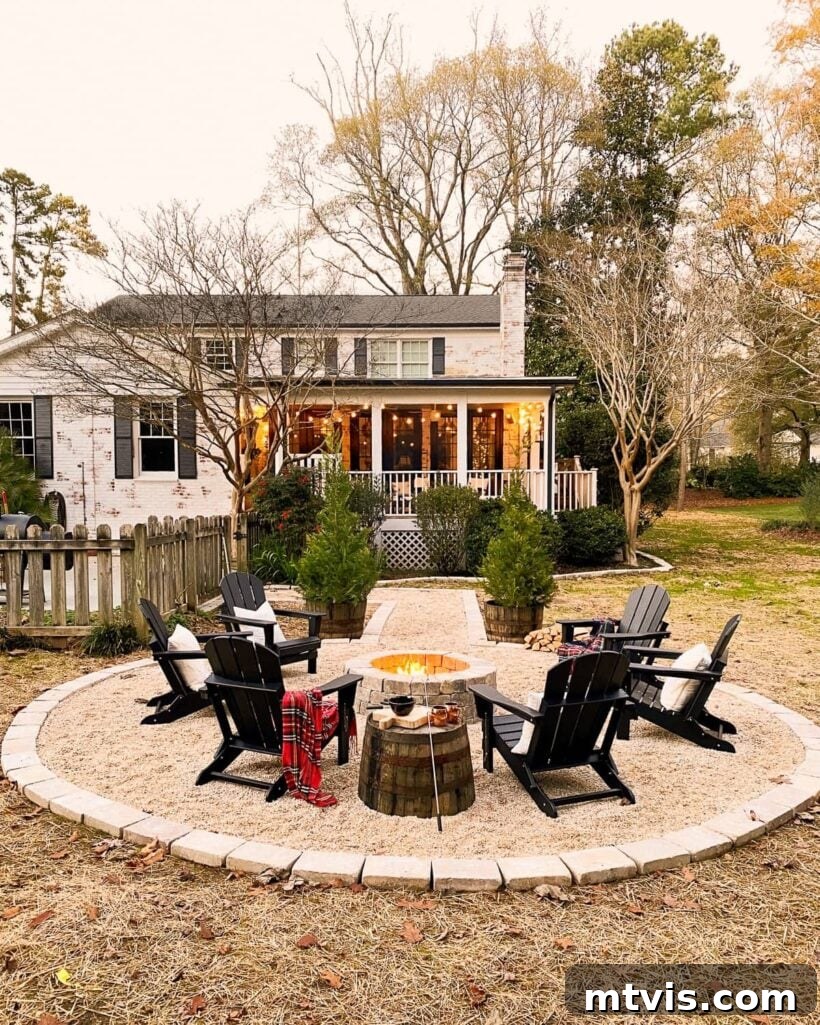 From Cozy Corners to Grand Gatherings: Fire Pit Ideas for All Spaces 6 A charming pea gravel walkway guides guests to a sturdy brick fire pit, encircled by classic black Adirondack chairs and a convenient S'mores station, ready for evening enjoyment.